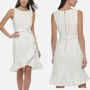 NEW CALVIN KLEIN SZ 8 Womens Ivory Lined Tie Belt Hem Ruffle Sleeveless Dress